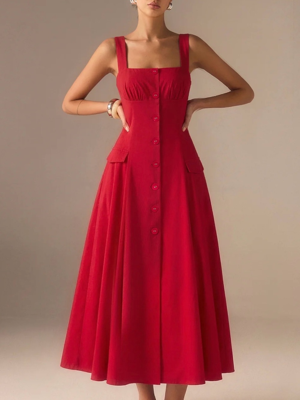 Commense Blend Button-Front Maxi Dress - Red - Medium